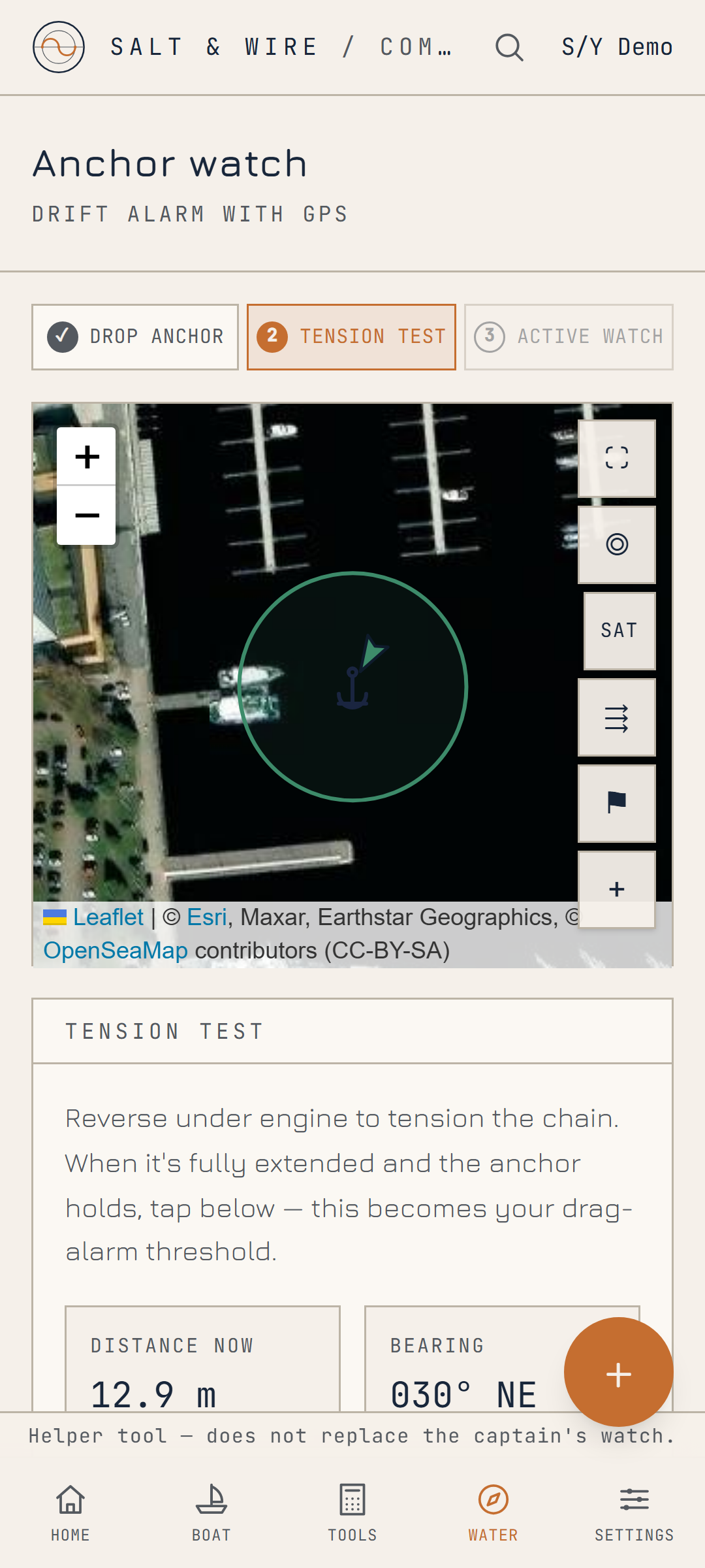 Anchor watch screen with swing circle and no-go zones