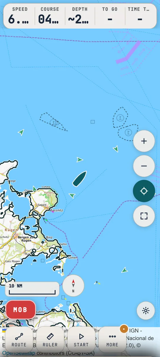 Salt & Wire Companion - navigation screen with AIS vessels on the chart off Rügen