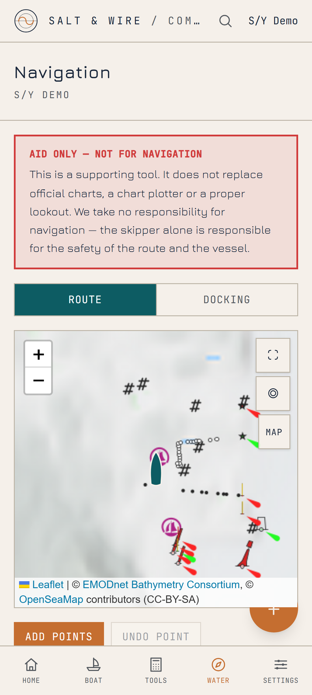 Navigation screen with nautical chart and route