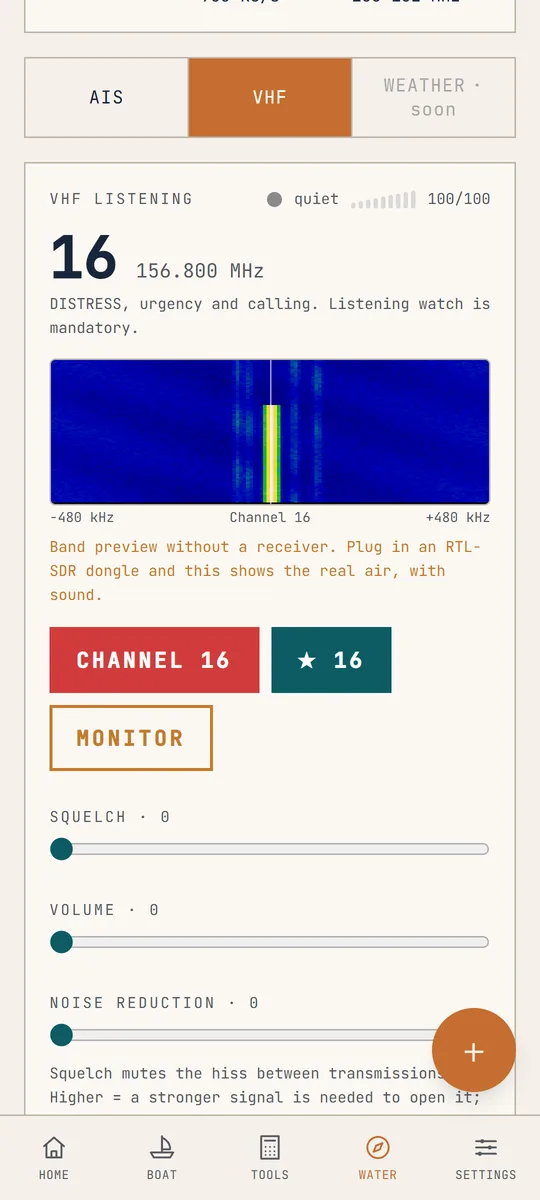 Marine VHF panel with channel 16 and a spectrum waterfall