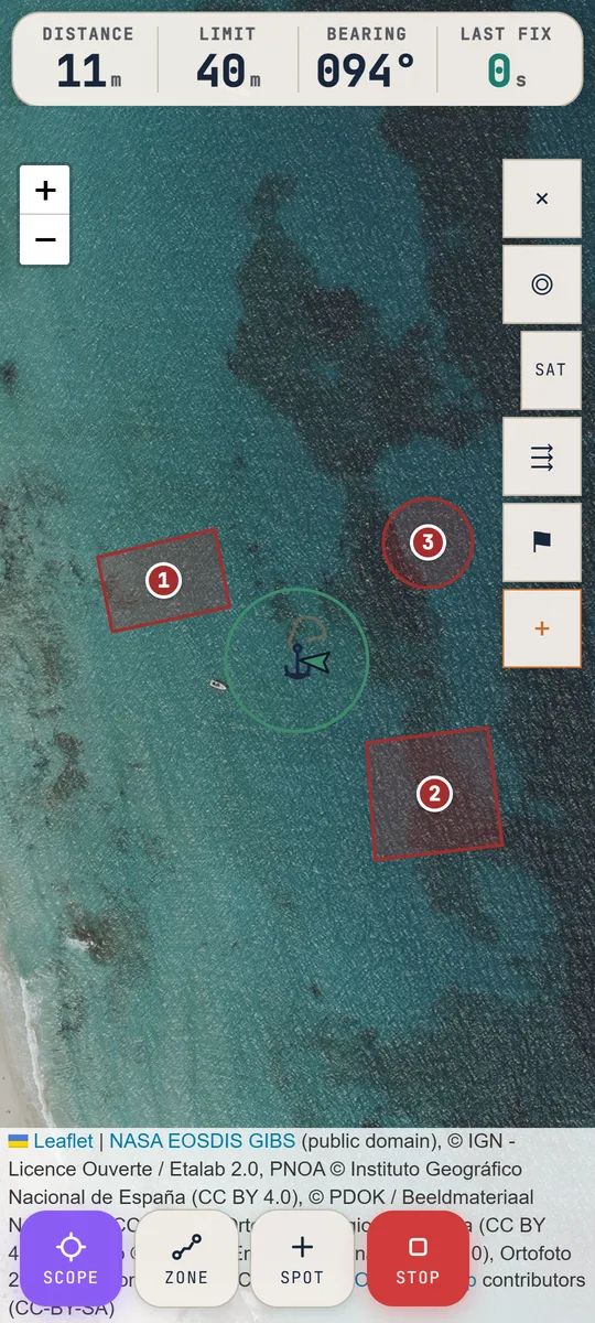 Anchor watch screen with swing circle and no-go zones
