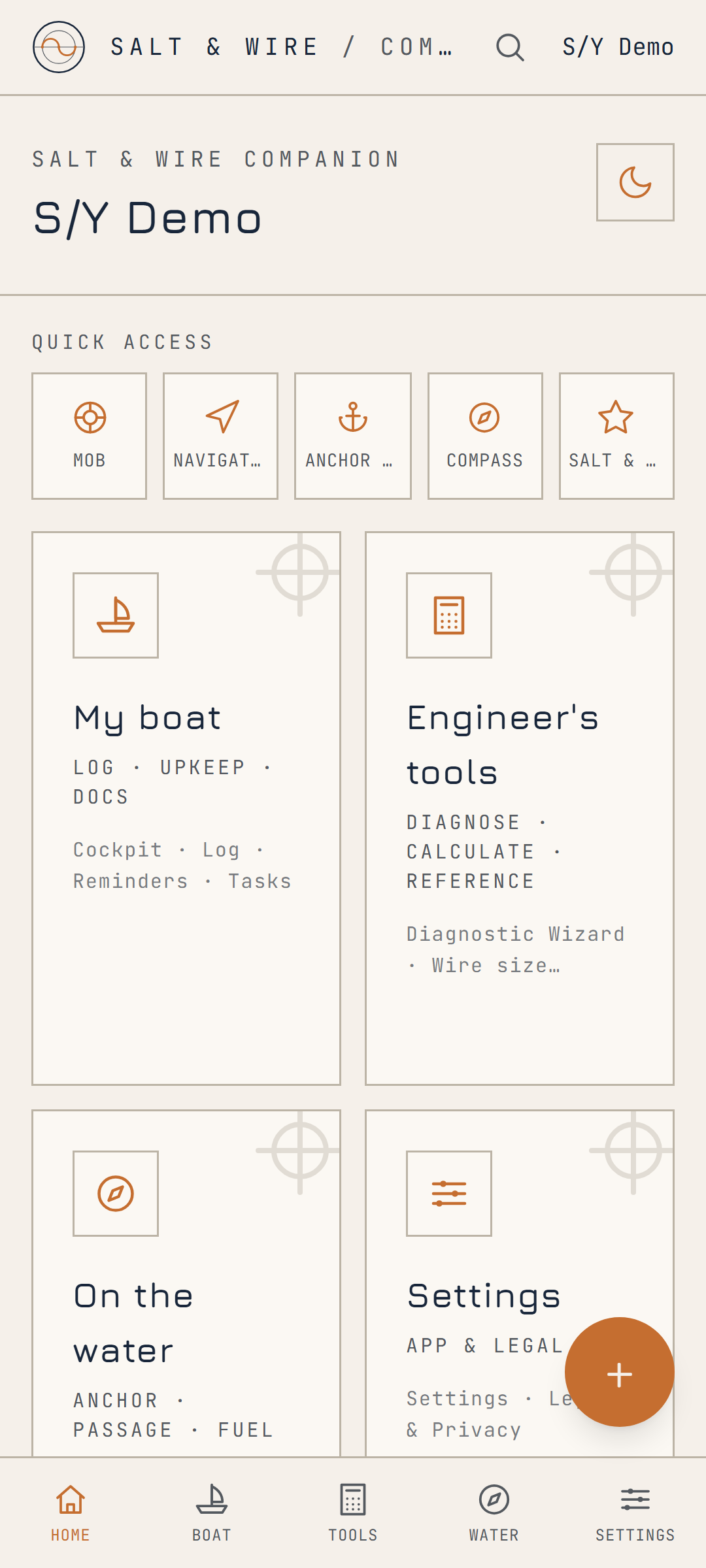 Home screen with category tiles