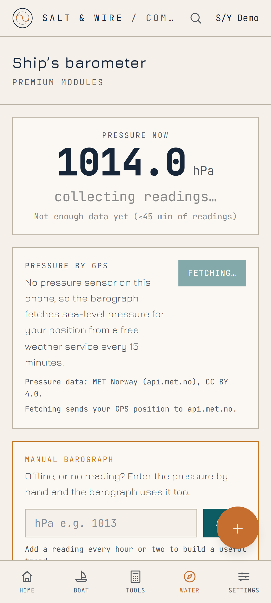 Onboard barometer with pressure trend chart