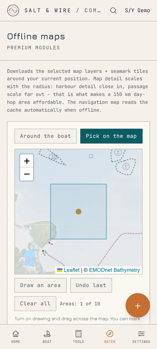 Offline maps screen with an area drawn on the chart