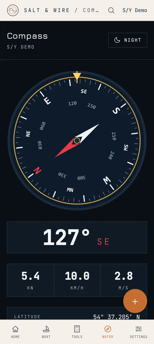 Compass screen with compass rose, speed and position