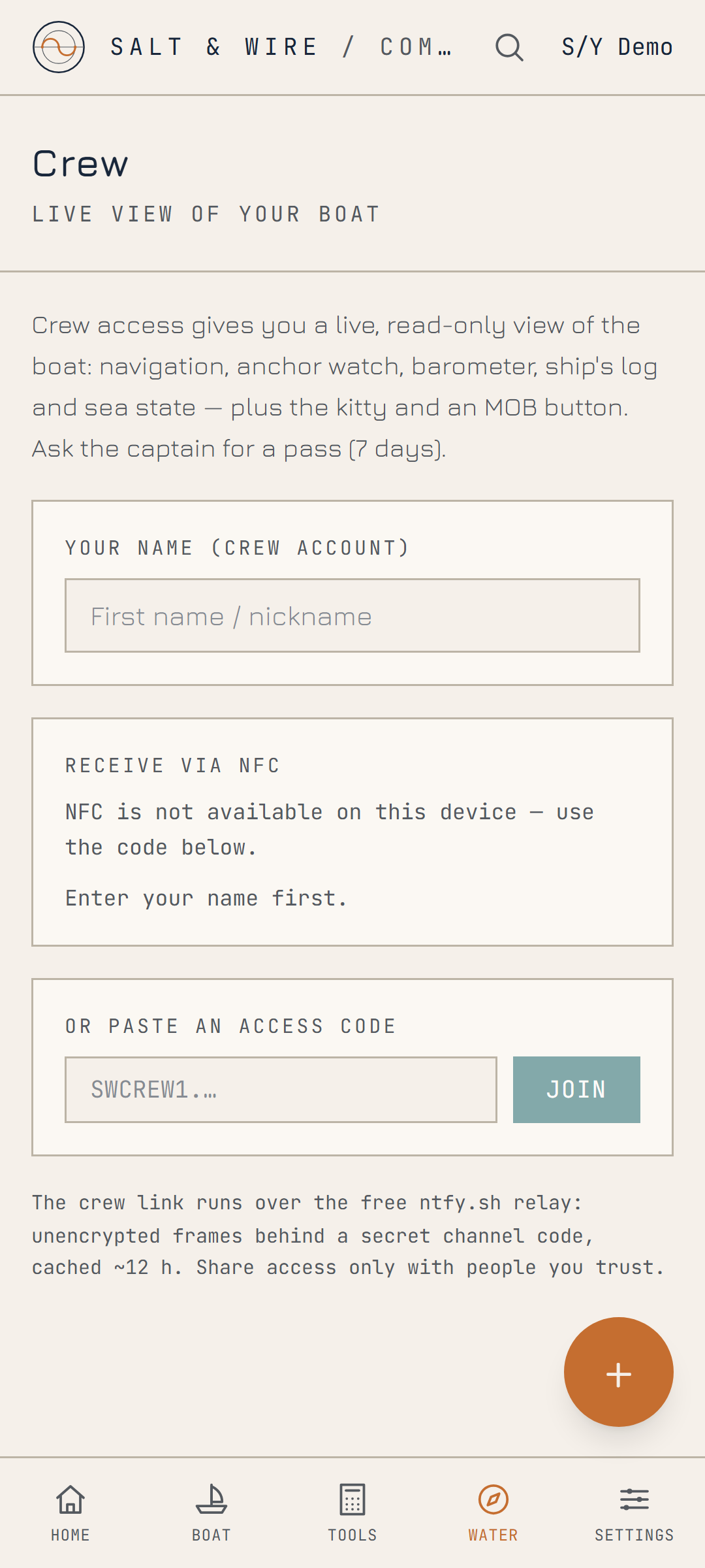 Crew mode screen with access grants