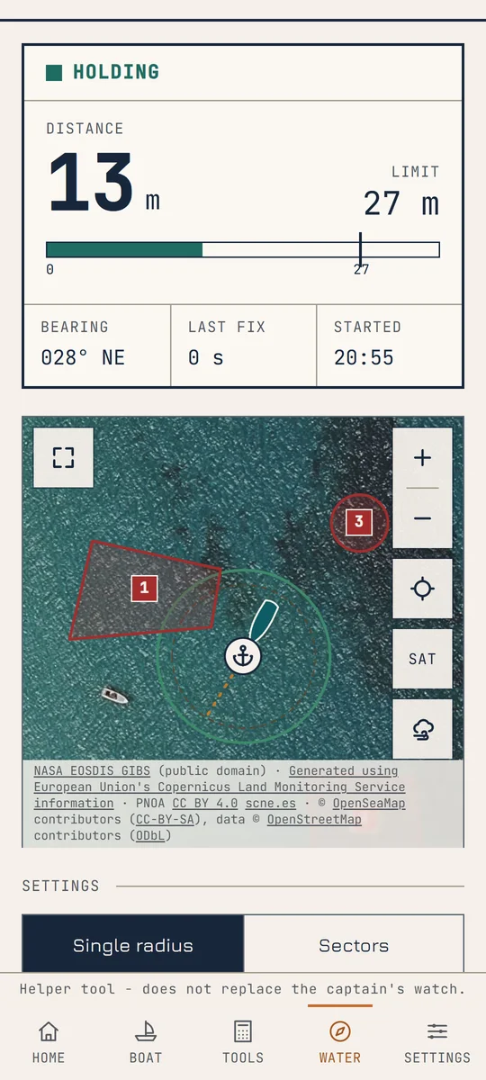 Anchor watch status panel: holding, 13 m from the anchor, limit 27 m