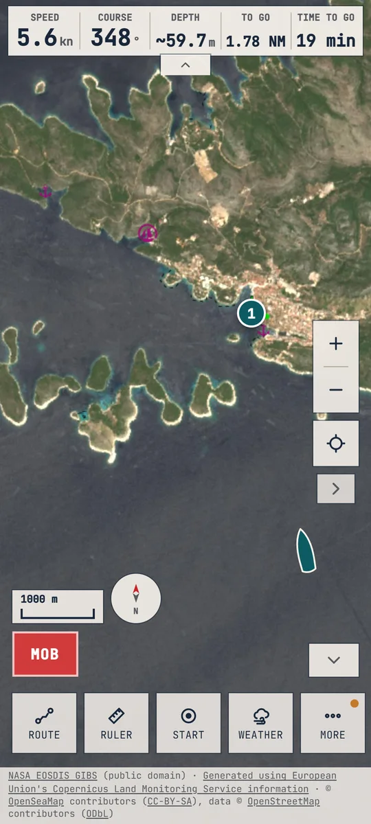 Navigation in the SAT style: Hvar and the Pakleni islands on a 10 m satellite image, with the course to the harbour