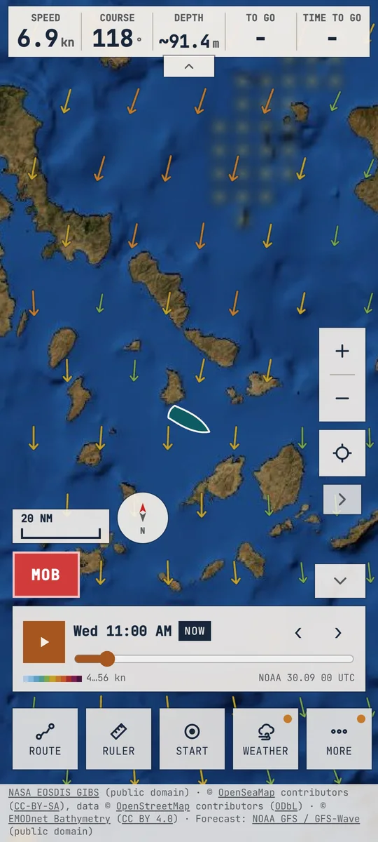 Weather on the chart: wind arrows over the Cyclades from the NOAA forecast, with the forecast slider