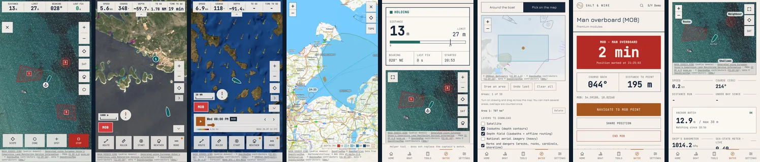 Eight Google Play screenshots of Salt & Wire Companion: anchor watch, satellite chart of Hvar, weather over the Cyclades, position without GPS, anchor status, offline maps, man overboard and the crew view